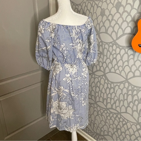 Blueh Ciel Size M Dress Retro Fit Flare Puffed Sleeves Midi Length - Picture 5 of 9